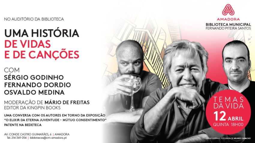 No próximo dia 12 de abril, pelas 18h00, a Biblioteca Municipal Fernando Piteira Santos promove uma conversa com Sérgio Godinho, Fernando Dordio e Osvaldo Medina, em torno da exposição “O Elixir da Eterna Juventude – mútuo consentimento”, mostra realizada a partir do livro de banda desenhada, com título homónimo, patente na Bedeteca deste equipamento municipal, até 26 de maio. 